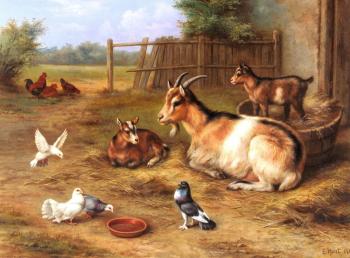 Edgar Hunt : A farmyard Scene With Goats Chickens Doves
